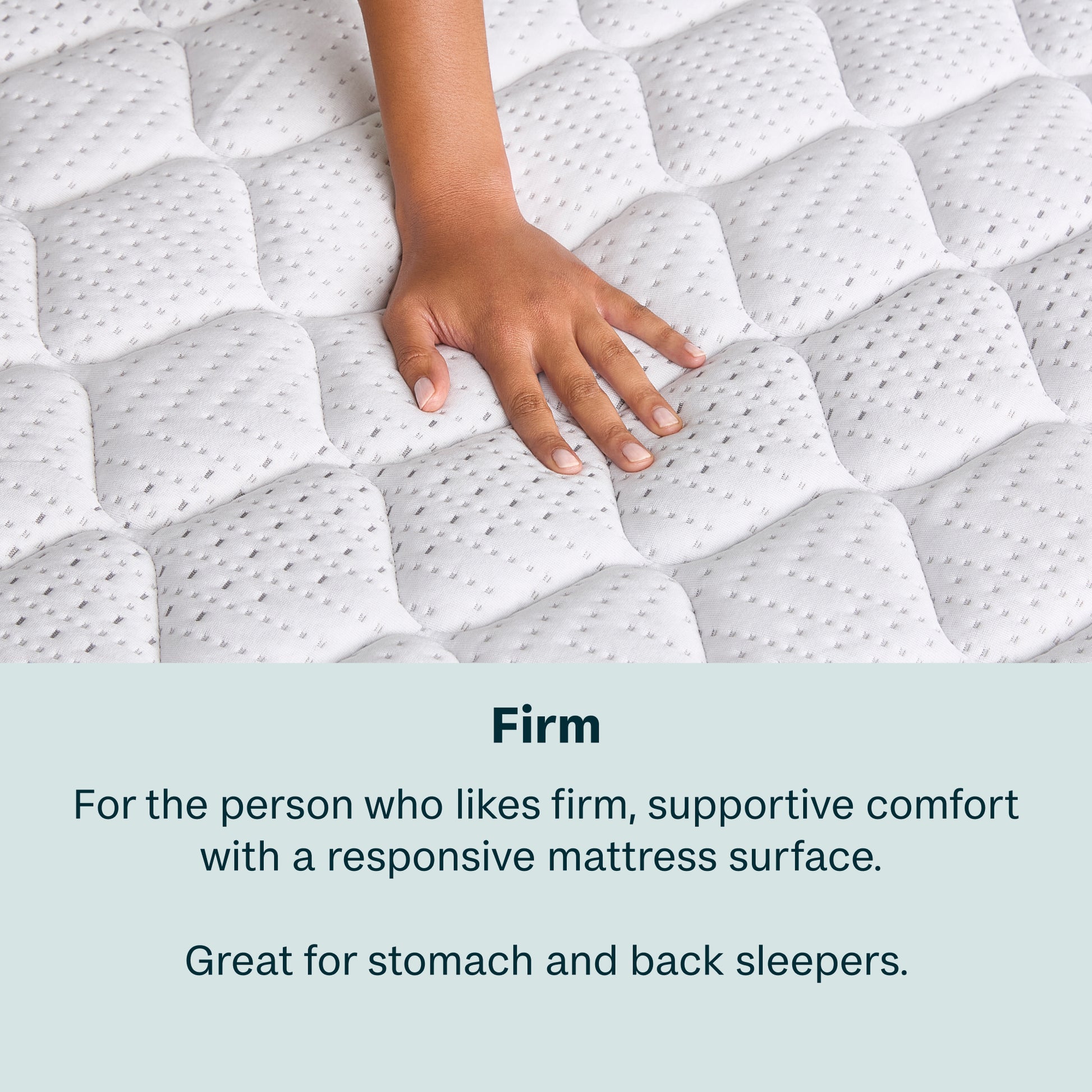 Hand on a mattress with text describing firm support.
