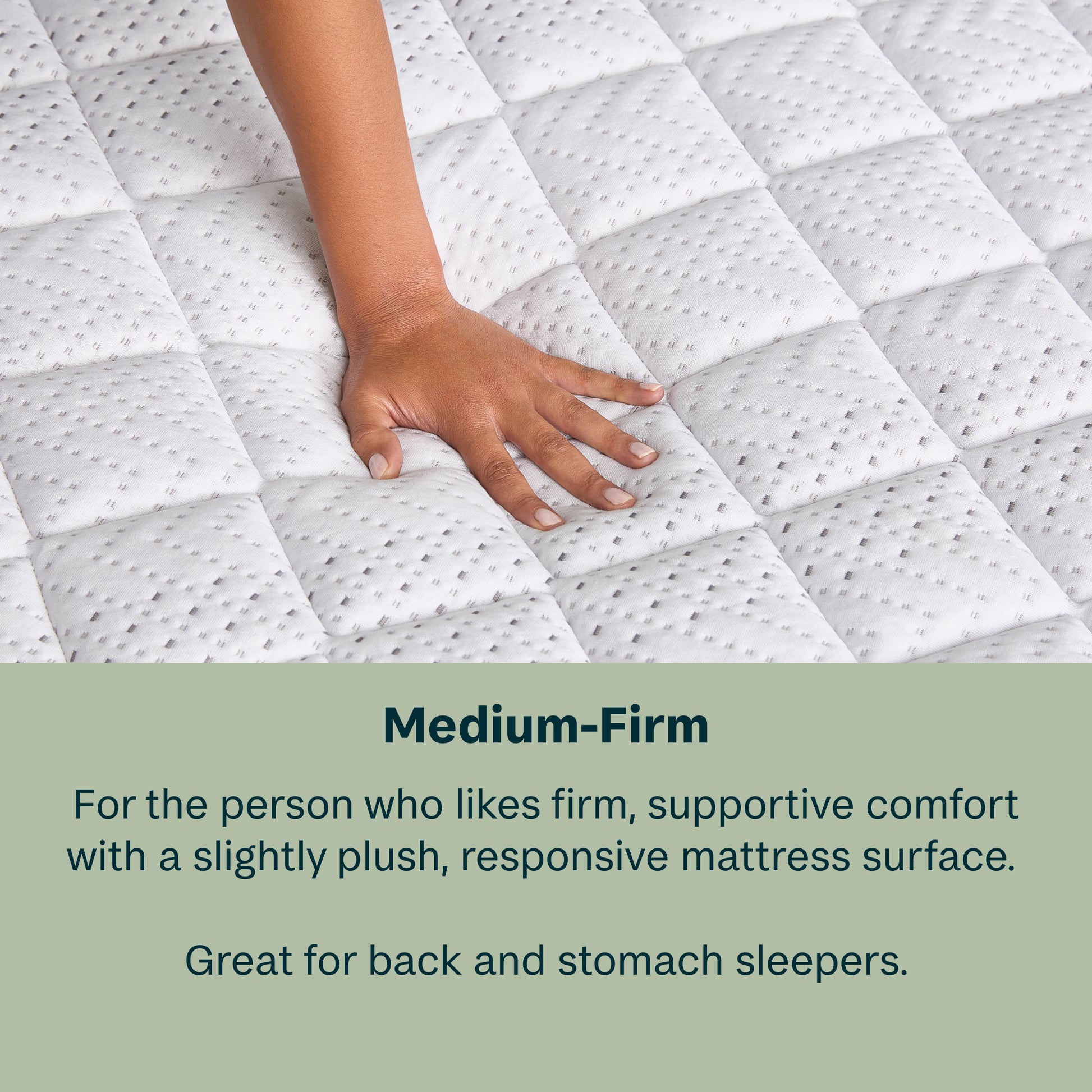 Hand on a mattress with text describing medium-firm support.