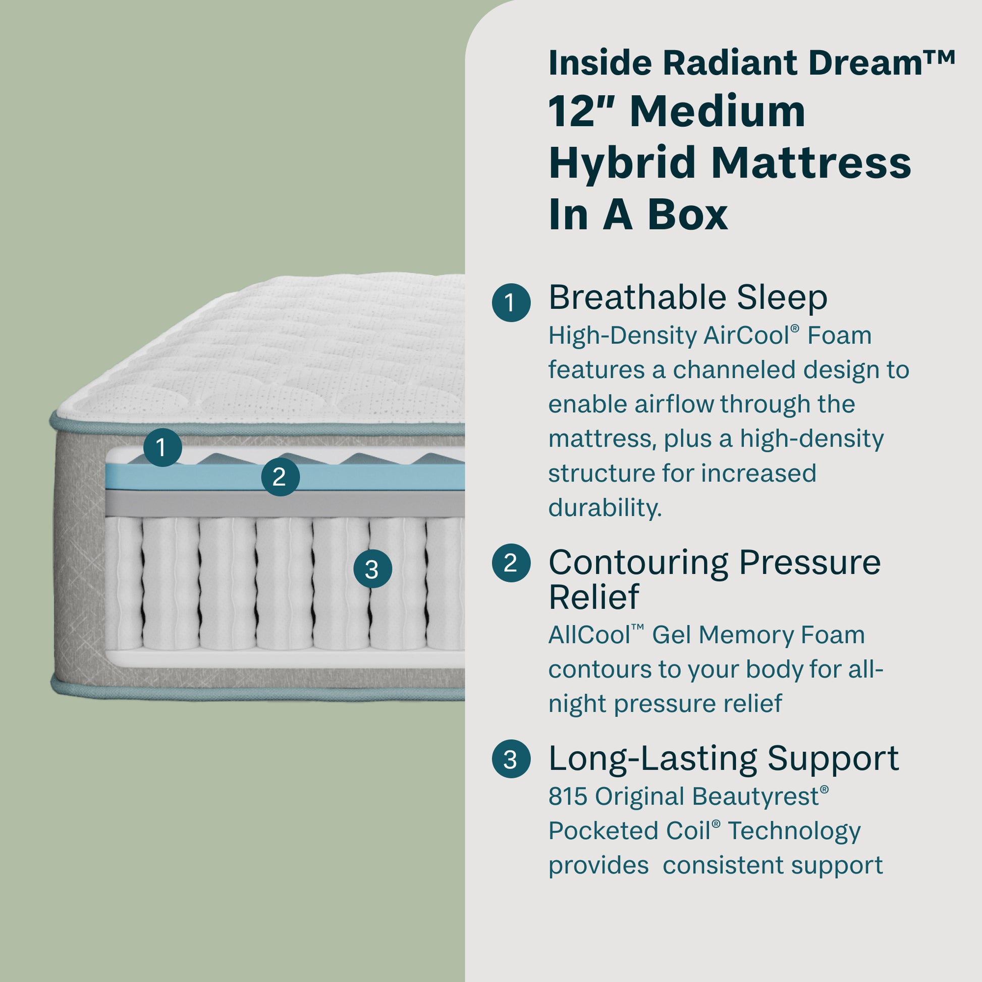 Radiant Dream 12" Medium Hybrid Mattress with features listed on a green background