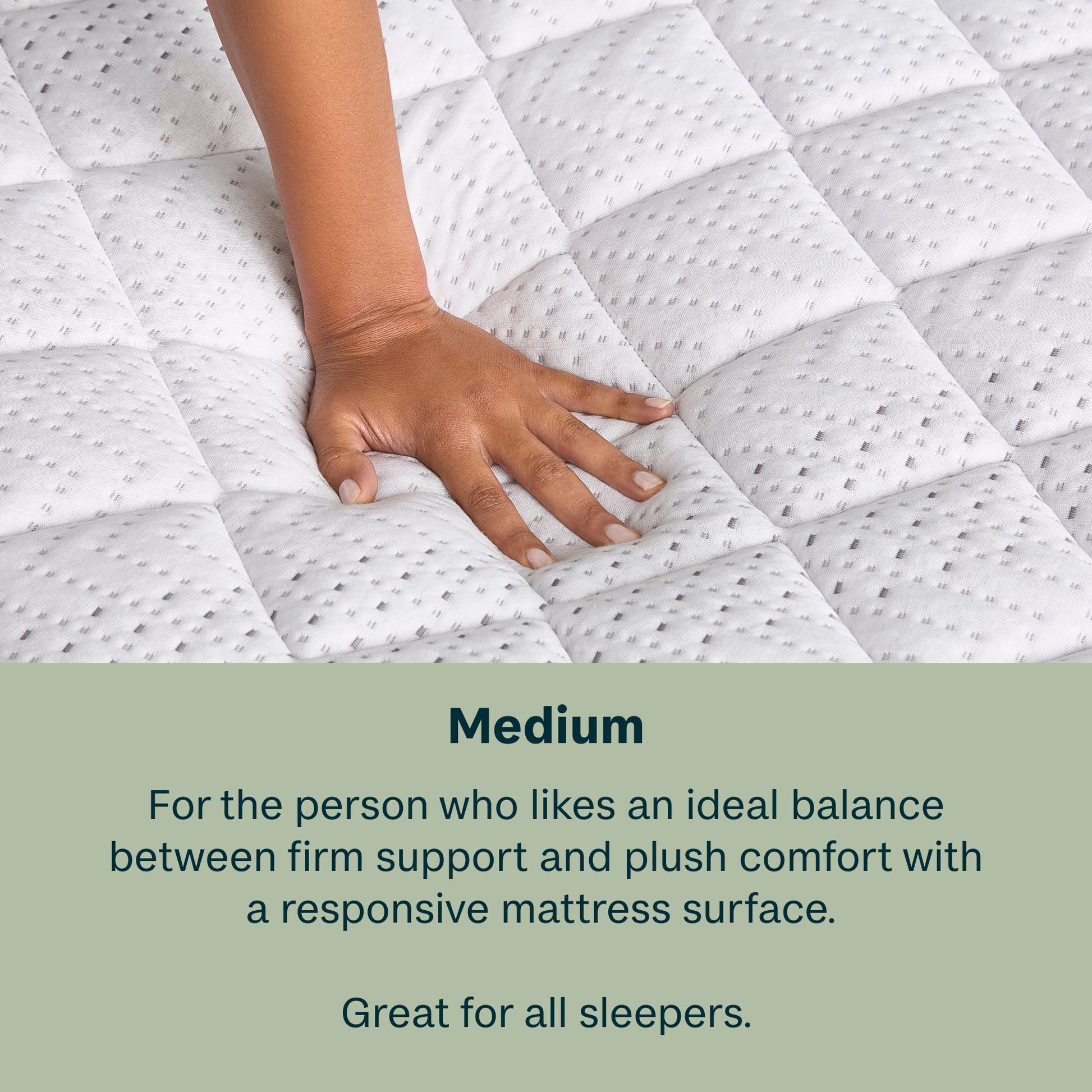 Hand on a mattress with text describing medium firmness level