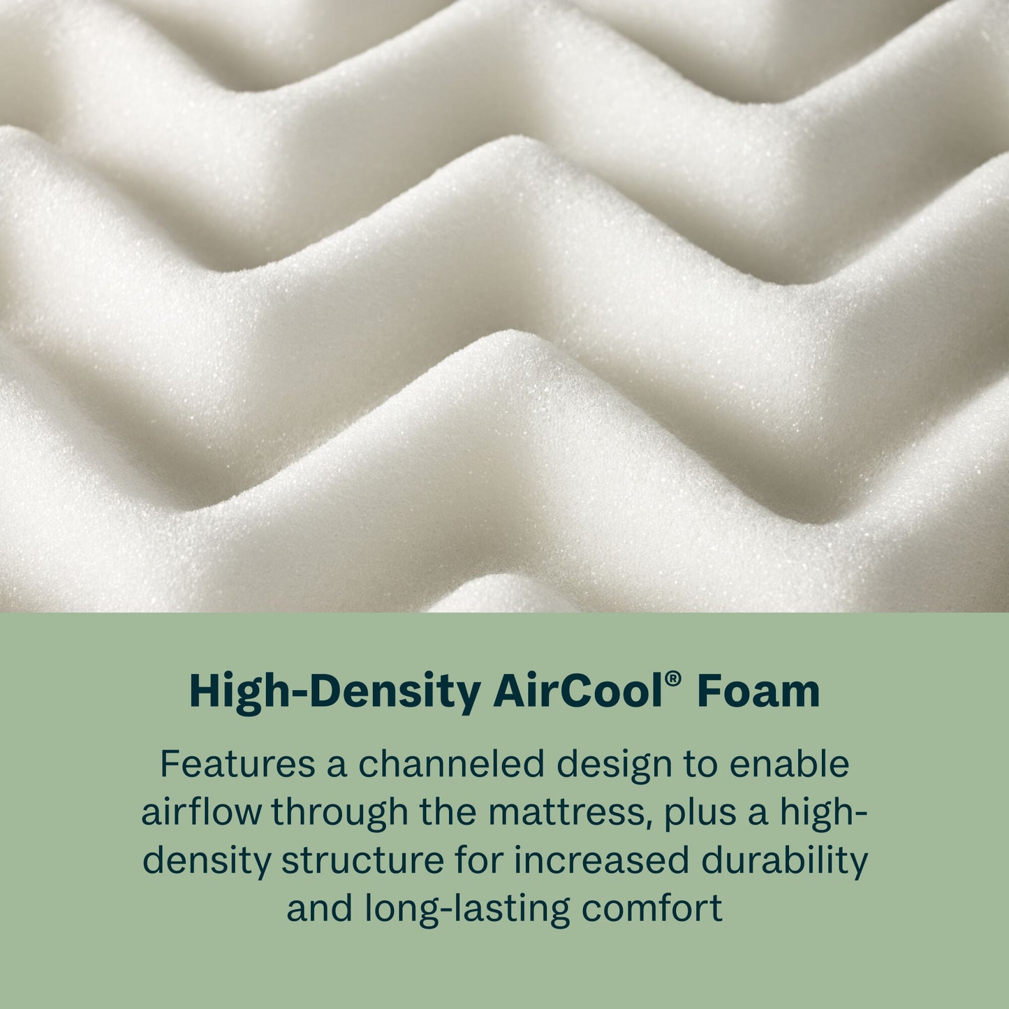Close-up of high-density AirCool foam with text describing its features.