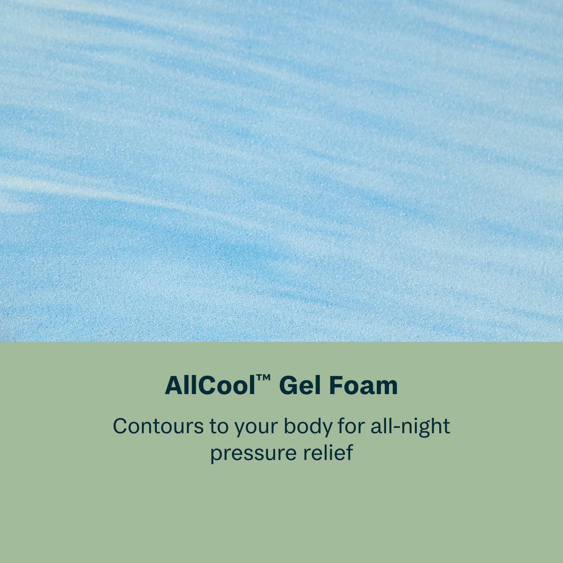 Text on a blue and green gradient background for AllCool Gel Foam product.