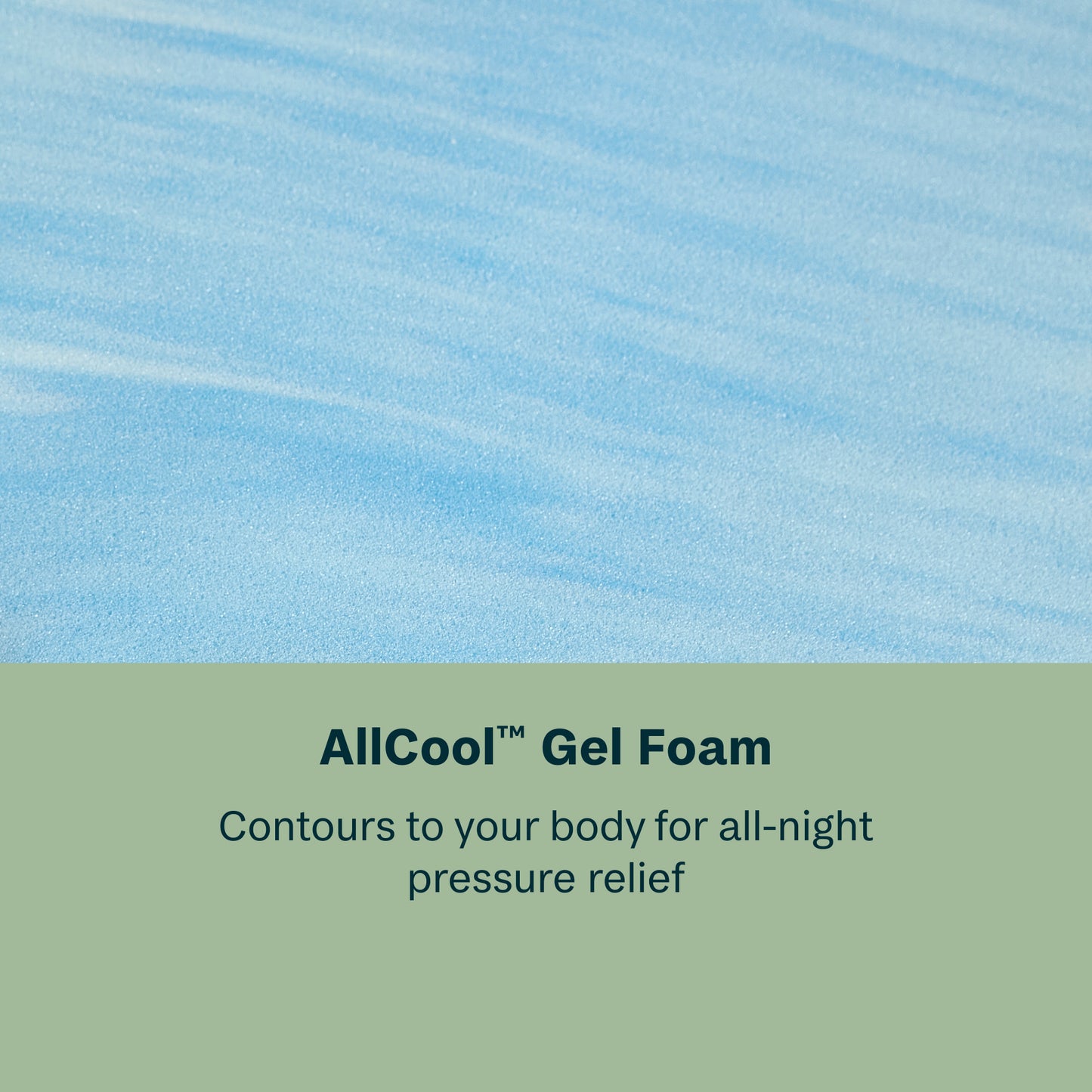 Text on a blue and green gradient background for AllCool Gel Foam product description.