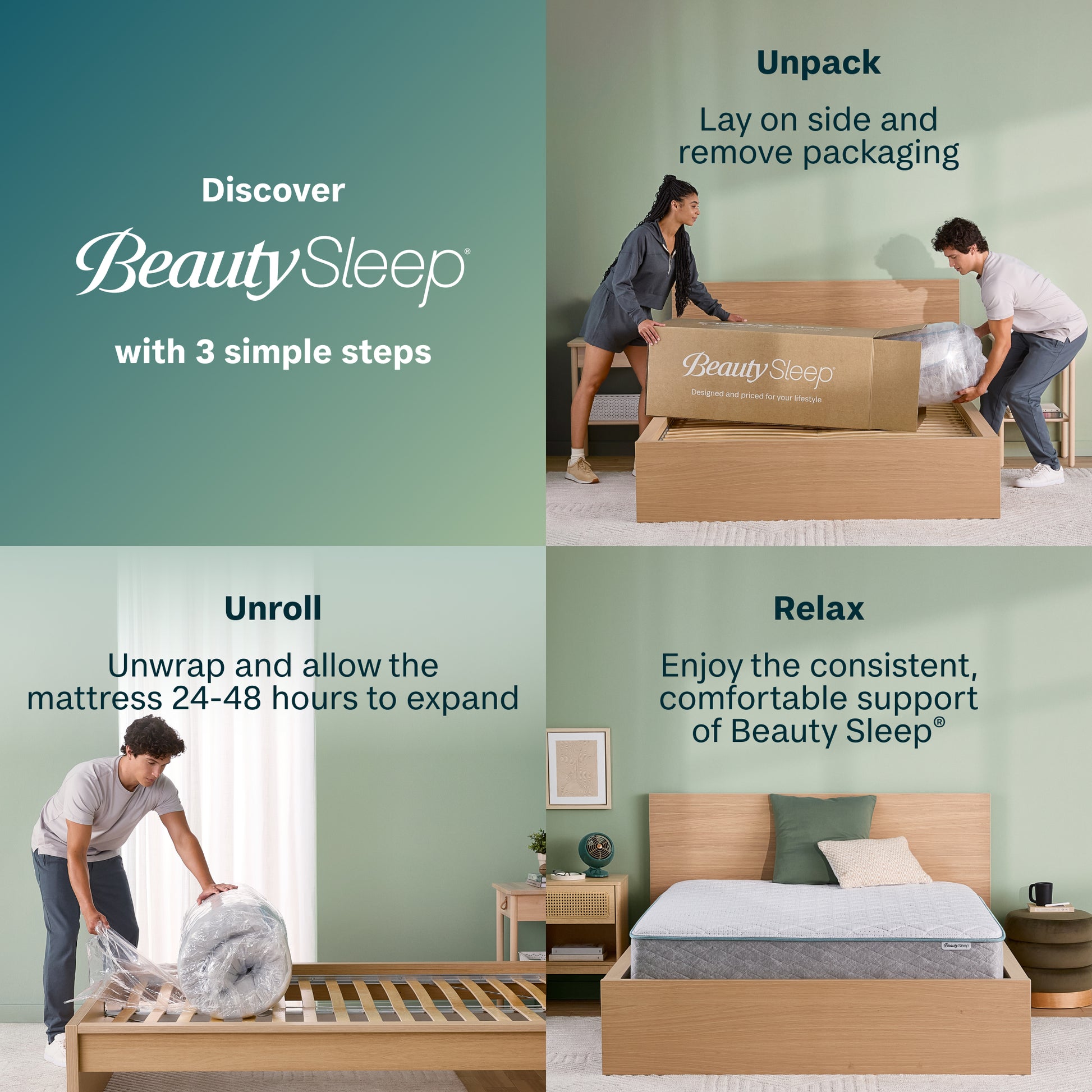 Step-by-step guide to setting up a BeautySleep mattress in a box with text and images of the process.