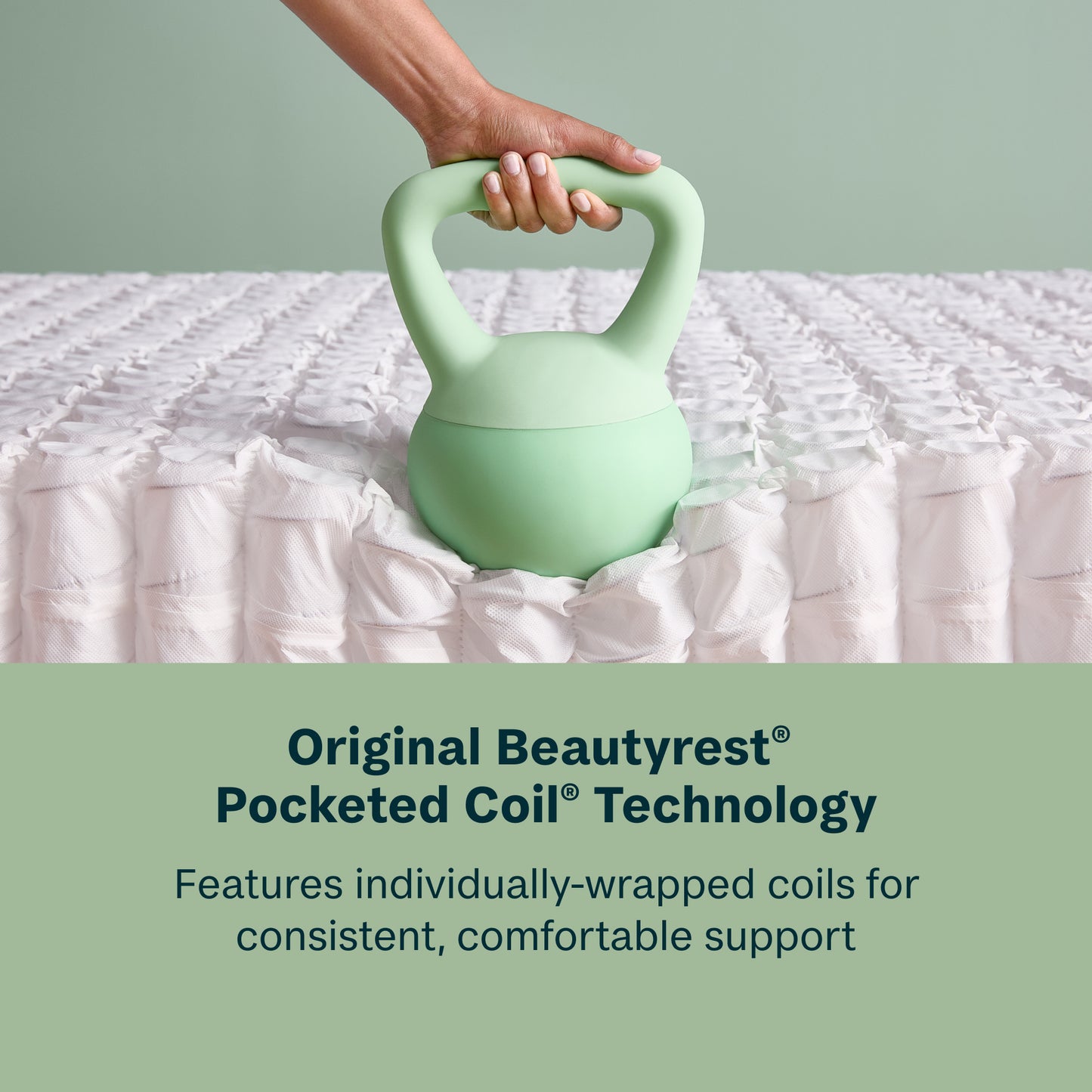Person holding a green kettlebell over a a beautysleep mattress with text about Beautyrest Pocketed Coil Technology.