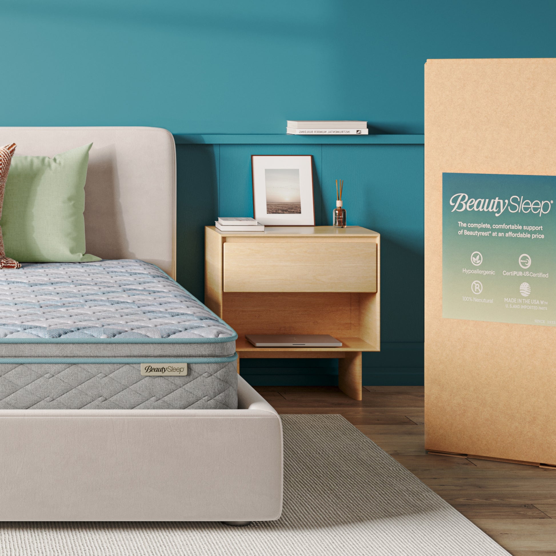 Bedroom with a mattress and BeautySleep packaging