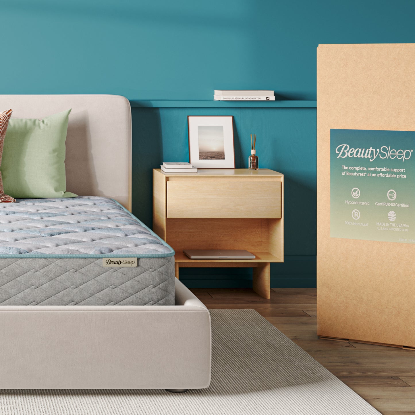 Bedroom with a mattress and BeautySleep packaging