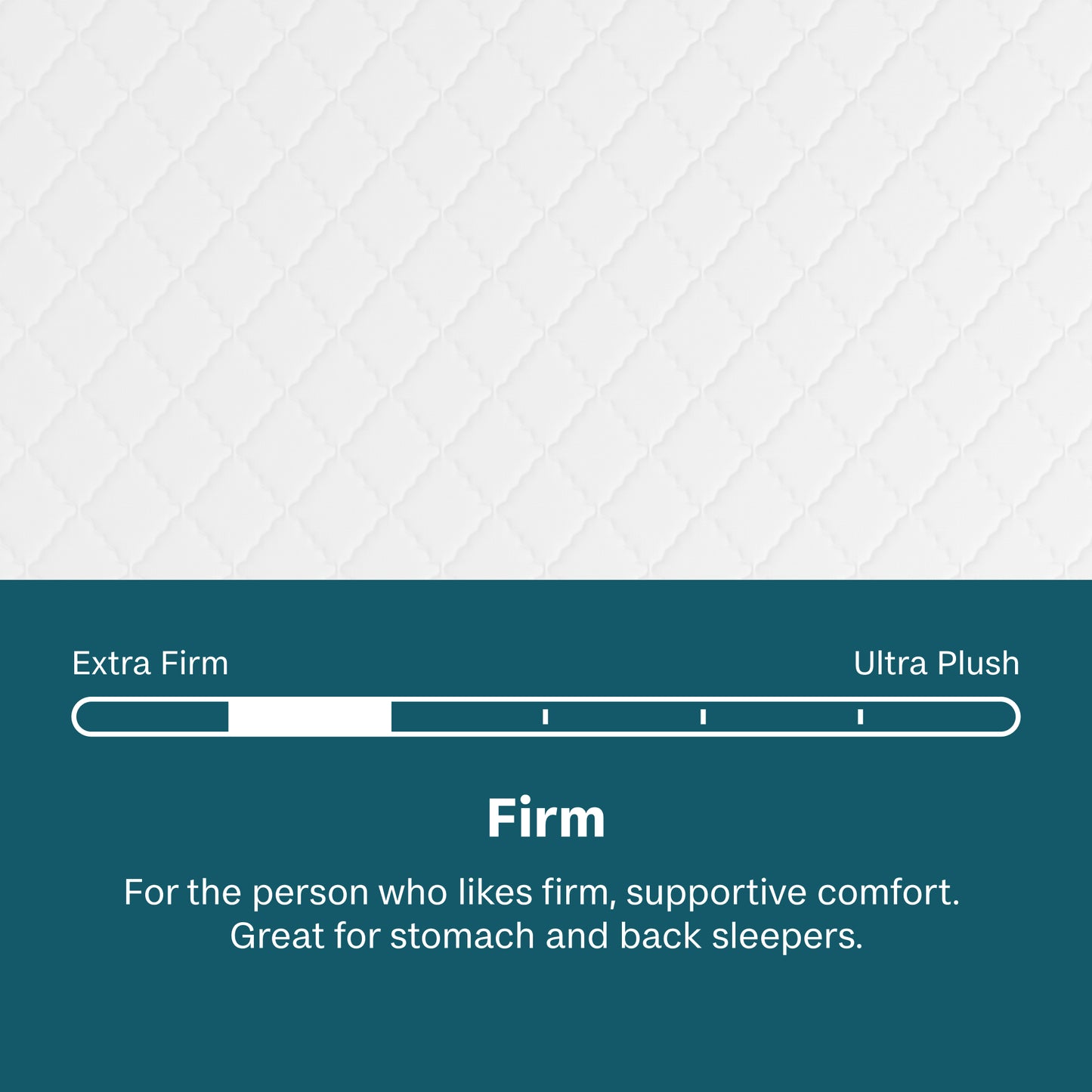 Text description of mattress firmness scale with 'Firm' option highlighted on a teal background.