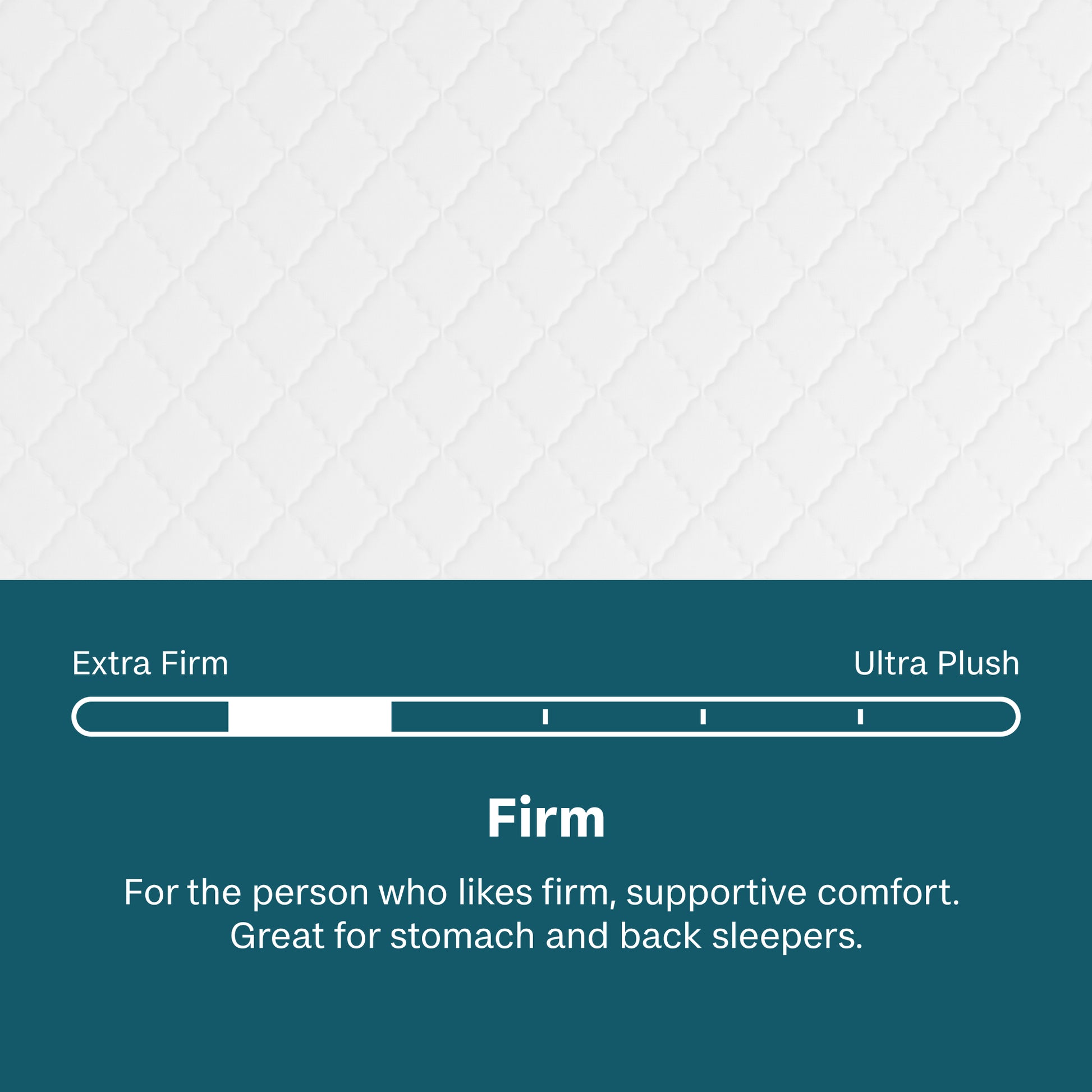 Text description of mattress firmness scale with 'Firm' option highlighted on a teal background.