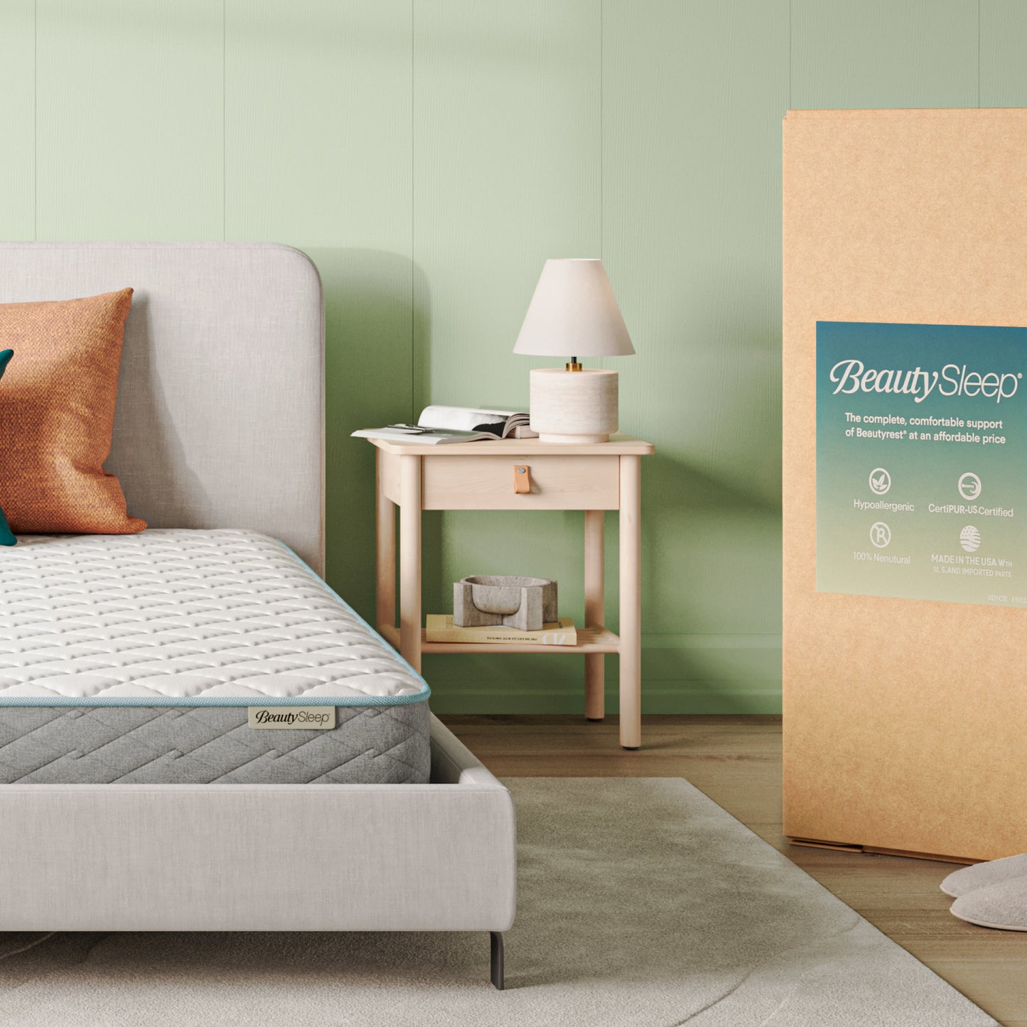 Bedroom with a mattress and BeautySleep packaging