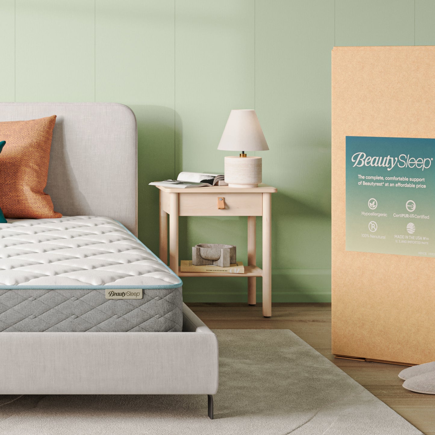 Bedroom with a mattress and BeautySleep packaging