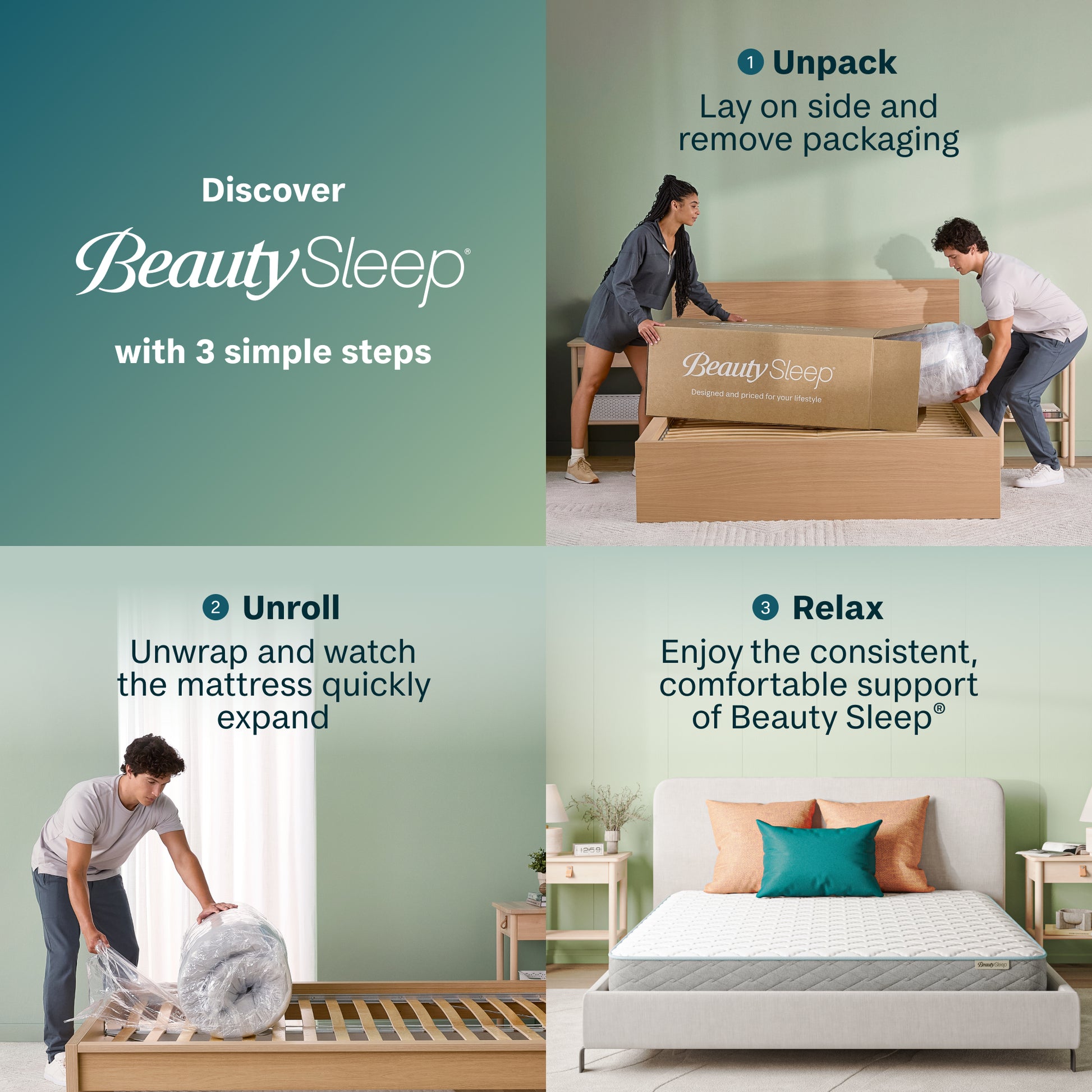Step-by-step guide to setting up a BeautySleep mattress with packaging removal, unrolling, and relaxing.